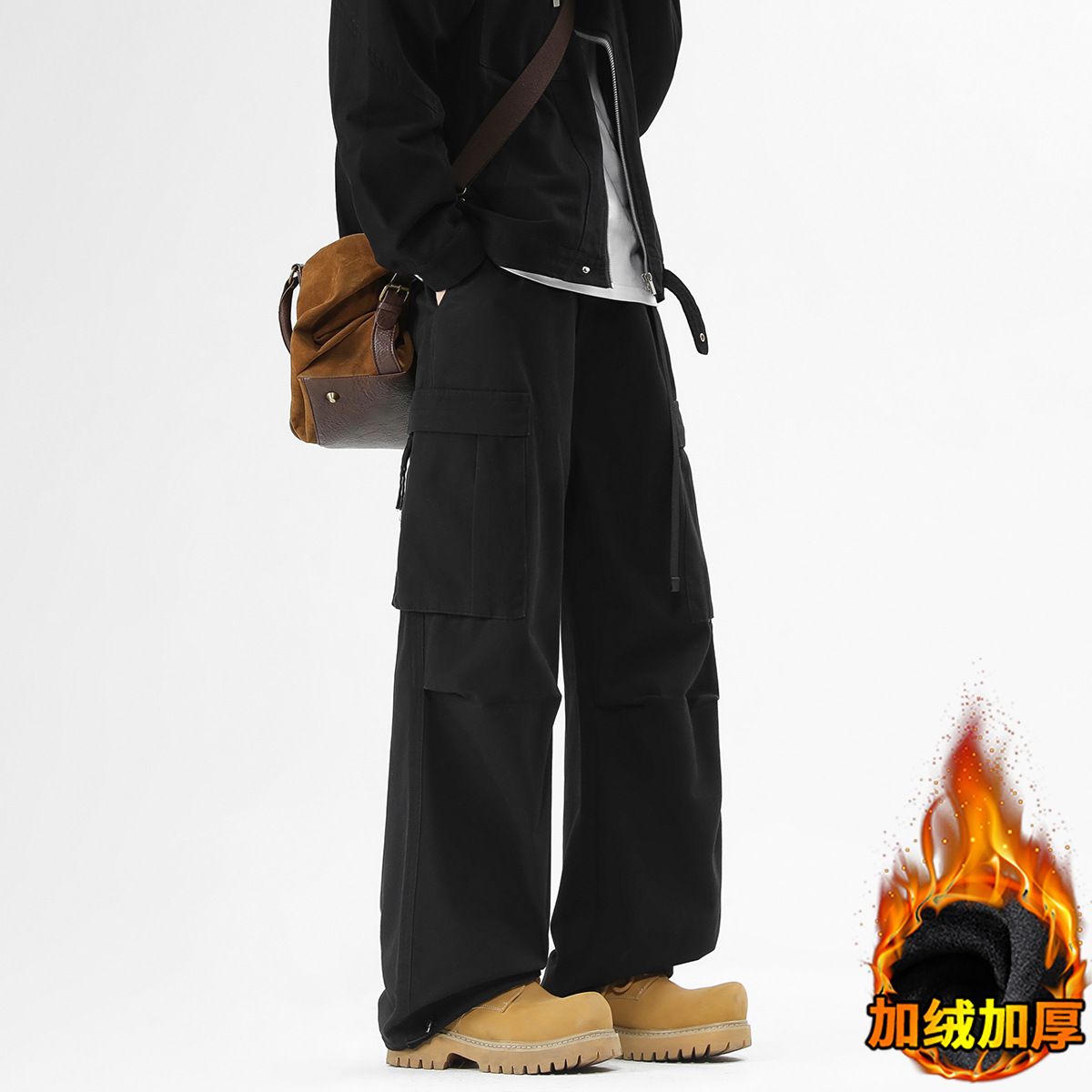 American Functional Cargo Pants Men's Spring and Autum Loose Straight Pure Cotton Large Size Large Flap Pocket Pants Black Casual Long Pants