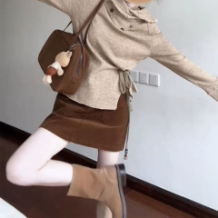 日系复古设计感套头毛边翻领长袖卫衣女早秋高腰显瘦半身裙两件套