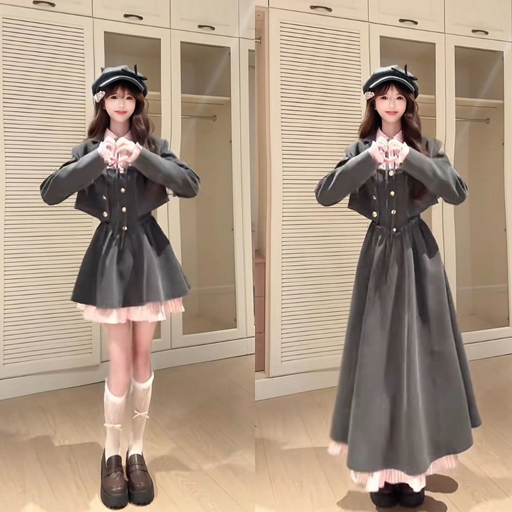 Watts College Japanese Style Atmosphere Jk Uniform Sweet Style Jacket Waist Dress Autum Two-Piece Set
