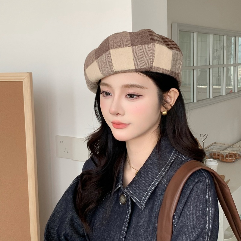美拉德风贝雷帽女秋冬格子英伦画家帽复古文艺显脸小报童帽蓓蕾帽|undefined