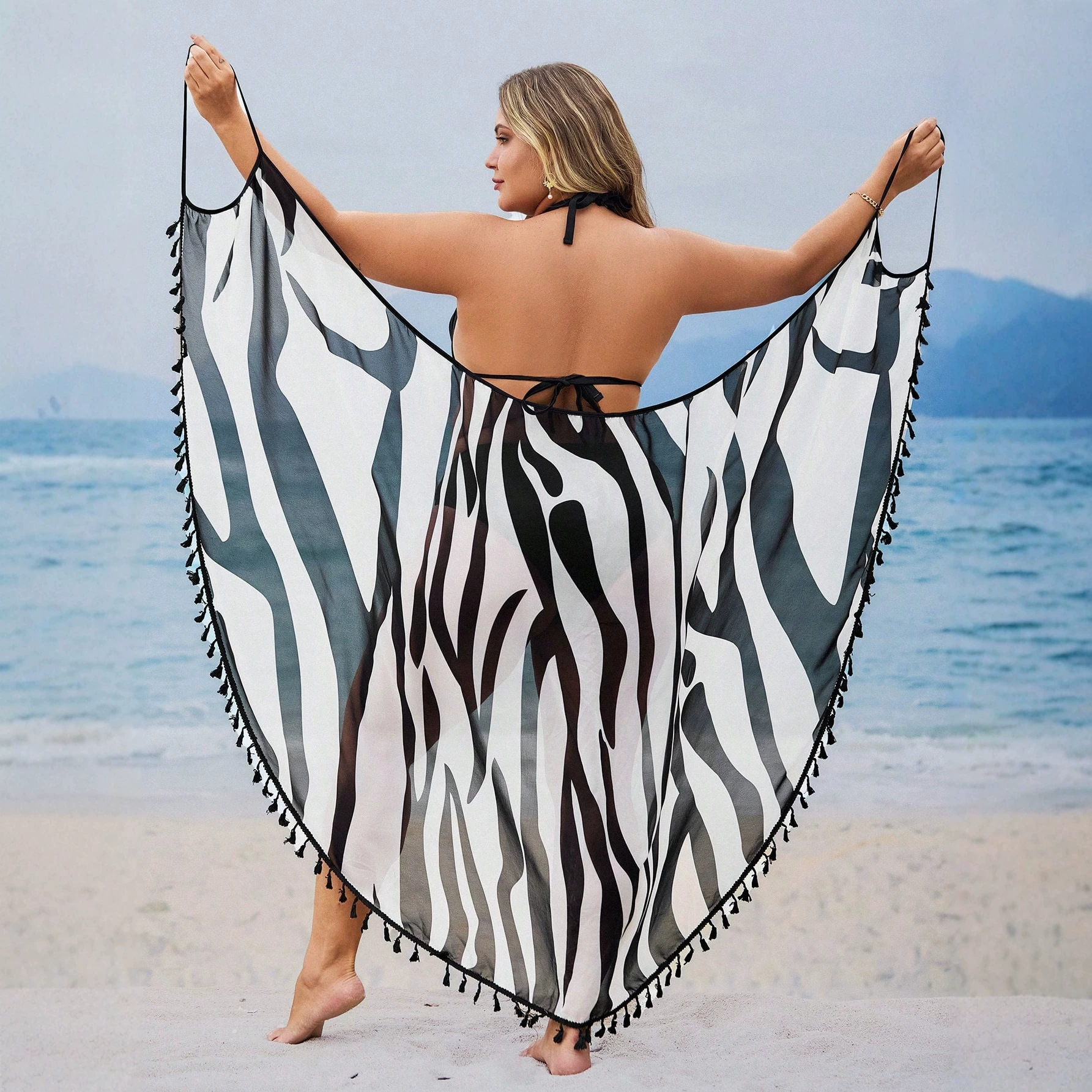 Vestido Playero Estampado de Protección Solar para Mujer de Poliéster con Borlas para Playa