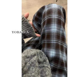 蓝色格子裤女秋冬新款宽松垂感显瘦休闲百搭复古直筒阔腿拖地裤潮