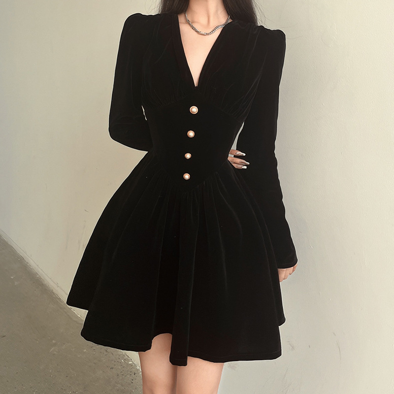 V-Neck Long-Sleeved High Waist Solid Color Velvet Dress NSSSN115201