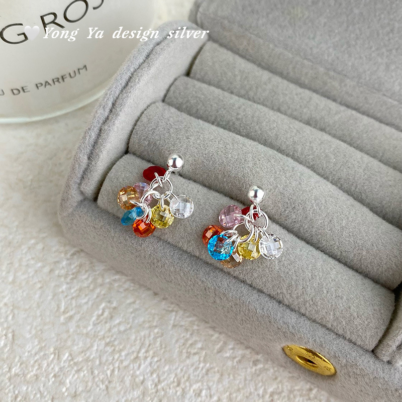 S925 Sterling Silver Cute Dopamine Colored Zirconium Earrings for Women Simple Accessible Luxury Korean Style Exquisite Sweet Korean Style Earrings Dropshipping