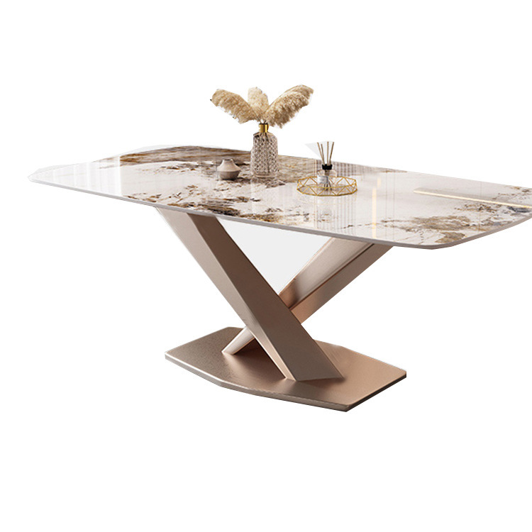 Mesa de comedor de tabla de roca de lujo ligero de Dalifeng, mesa de comedor doméstica moderna y simple, combinación de mesas y sillas rectangulares.