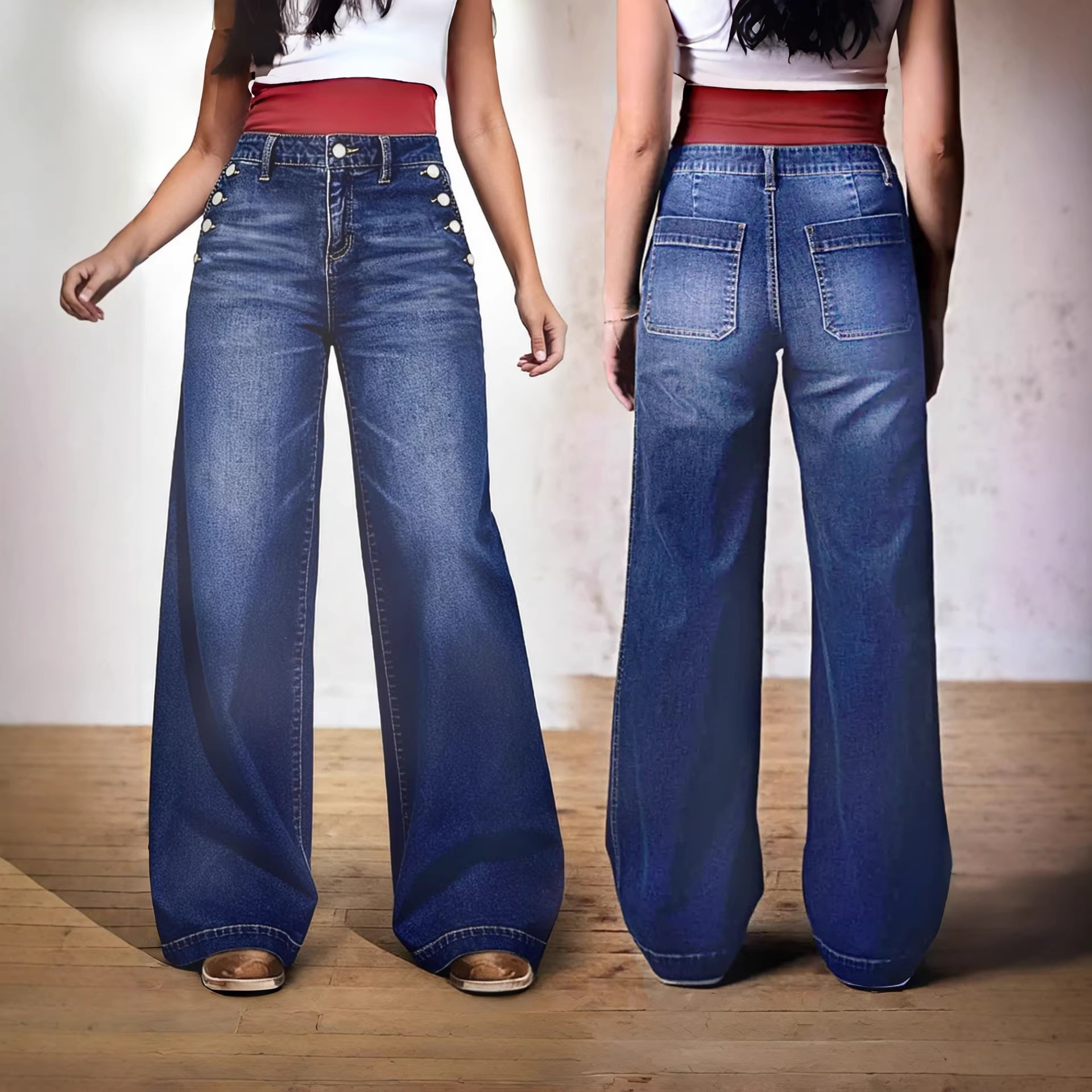 European and American Cross-Border Foreign Trade Hot-Selling Amazon Fashion Retro Elastic Loose Mid-Waist Straight-Leg Women's Denim Pants