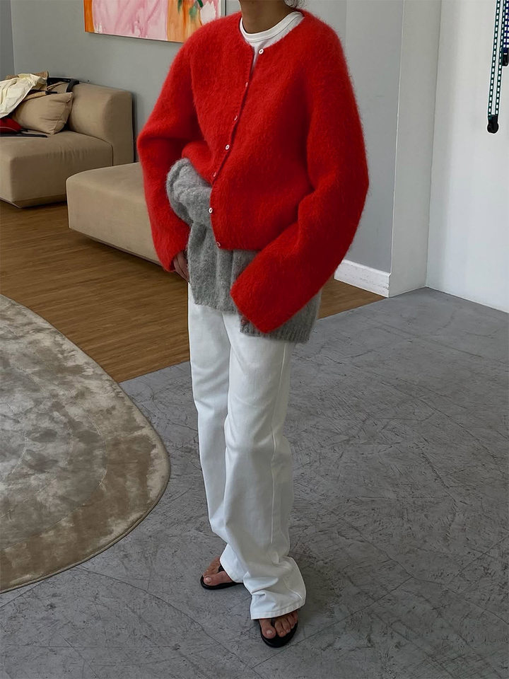 Áo khoác cardigan len nữ dáng rộng một hàng cúc, chất liệu dệt kim mềm mại, phong cách thanh lịch — Màu hồng nhạt (hàng có sẵn), Màu xanh lá cây (có hàng), Màu xanh ô liu (đốm), Màu xanh đậm (Còn hàng) chi tiết 23