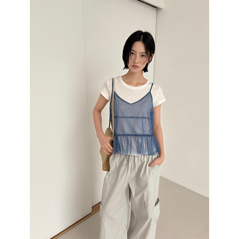 Yifu Polka Dot Mesh Camisole T-Shirt Two-Piece Set for Women, Summer Short Sleeve Loose Slimming Layered Top 31006