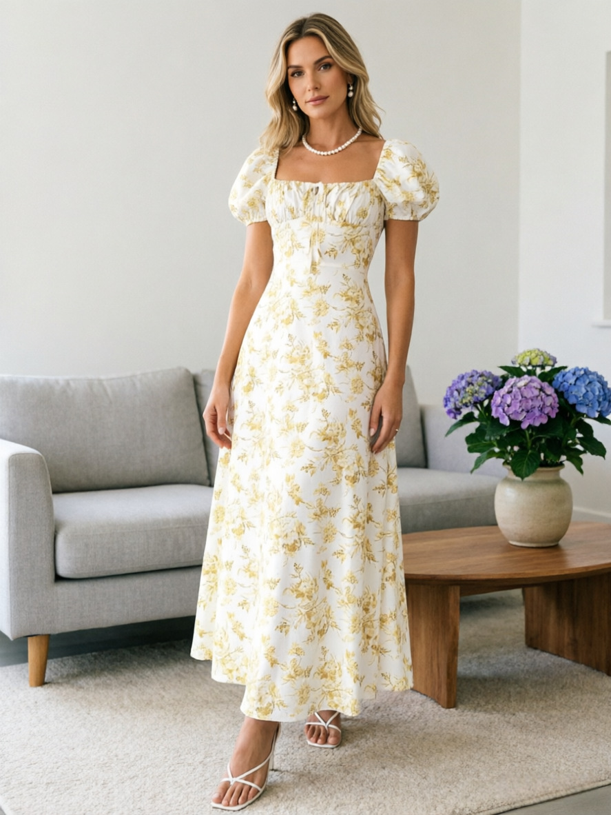 Women's Floral Print Short Sleeve Bodycon Flared Maxi Dress – Slim Fit Casual Summer Gown_ecoleips.com