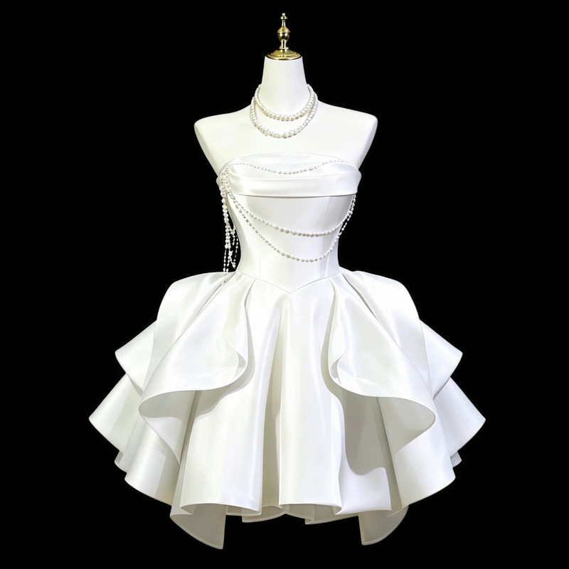 White satin mini dress, light luxury niche style, suitable for student's day, coming-of-age ceremony, princess dress, petite engagement and registration dress White satin mini dress, light luxury niche style, suitable for student's day, coming-of-age ceremony, princess dress, petite engagement and registration dress