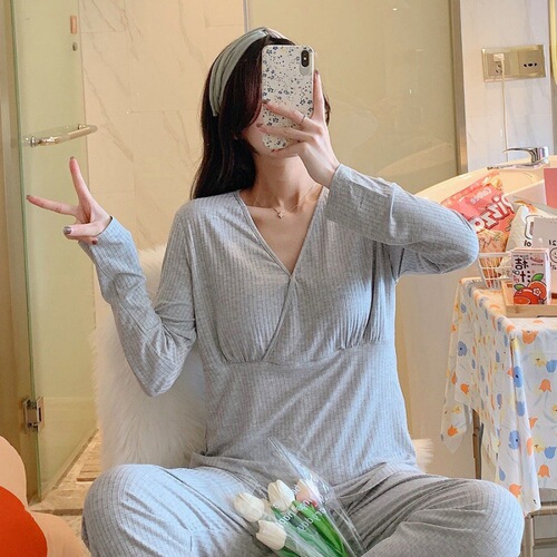 Three-piece postpartum clothing set without bra, spring, autumn and summer thin postpartum home clothes, maternity and maternity pajamas, women's single-piece pajamas hot