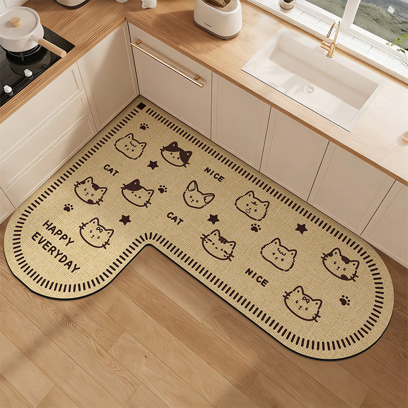 Cartoon Cute Pet Imitation Woven Diatomaceous Earth Floor Mat, Non-Slip and Easy to Maintain, L-Shaped Mat for Corner Kitchen and Bathroom