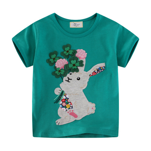 Children's Short Sleeve Cotton T-Shirt 2025 Summer Medium and Small Children's Clothing Girls' Children's Top Rabbit Stylish Half Sleeve