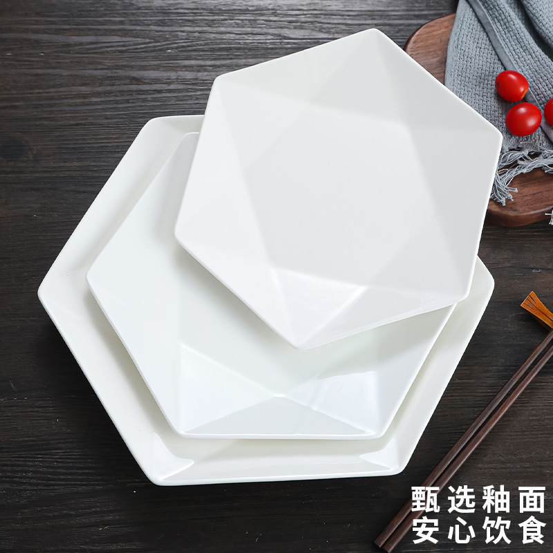 Restaurant fried plate hotel kitchen tableware dining room household dish creative ceramic hexagonal commercial hot dish plate