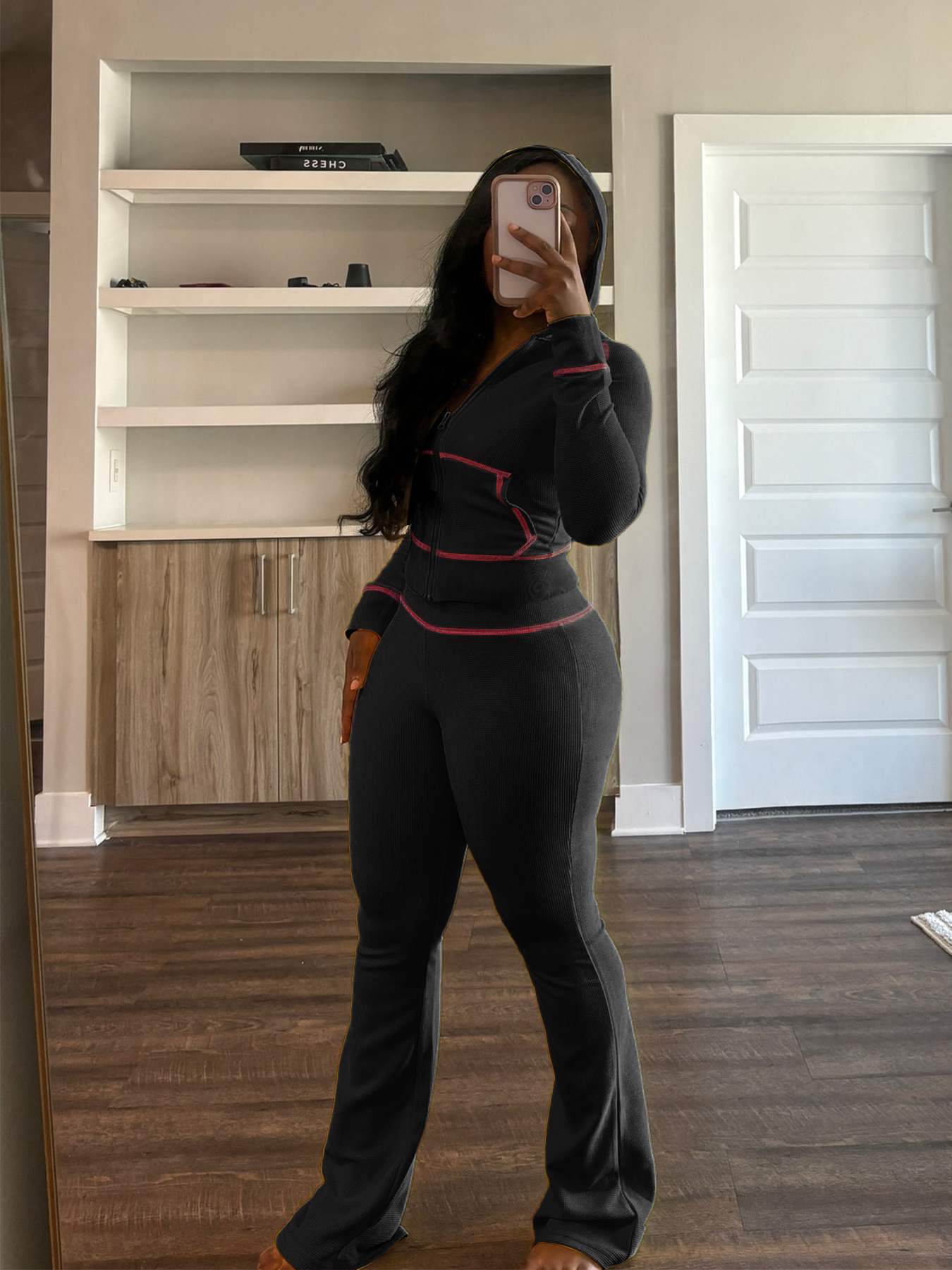 Women Waffle Texture Fabric With Shoulder Cuff Hat Micro Horn Casual Suit