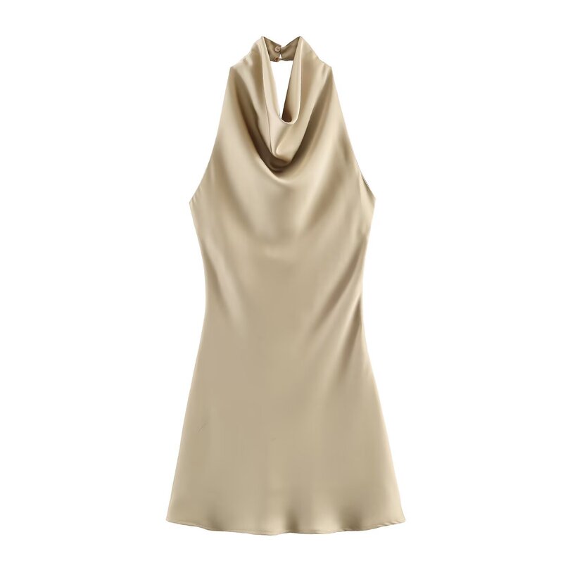 European and American Style Foreign Trade Women's Clothing New Fashion Solid Color Silk Satin Texture Halter Neck Mini Dress