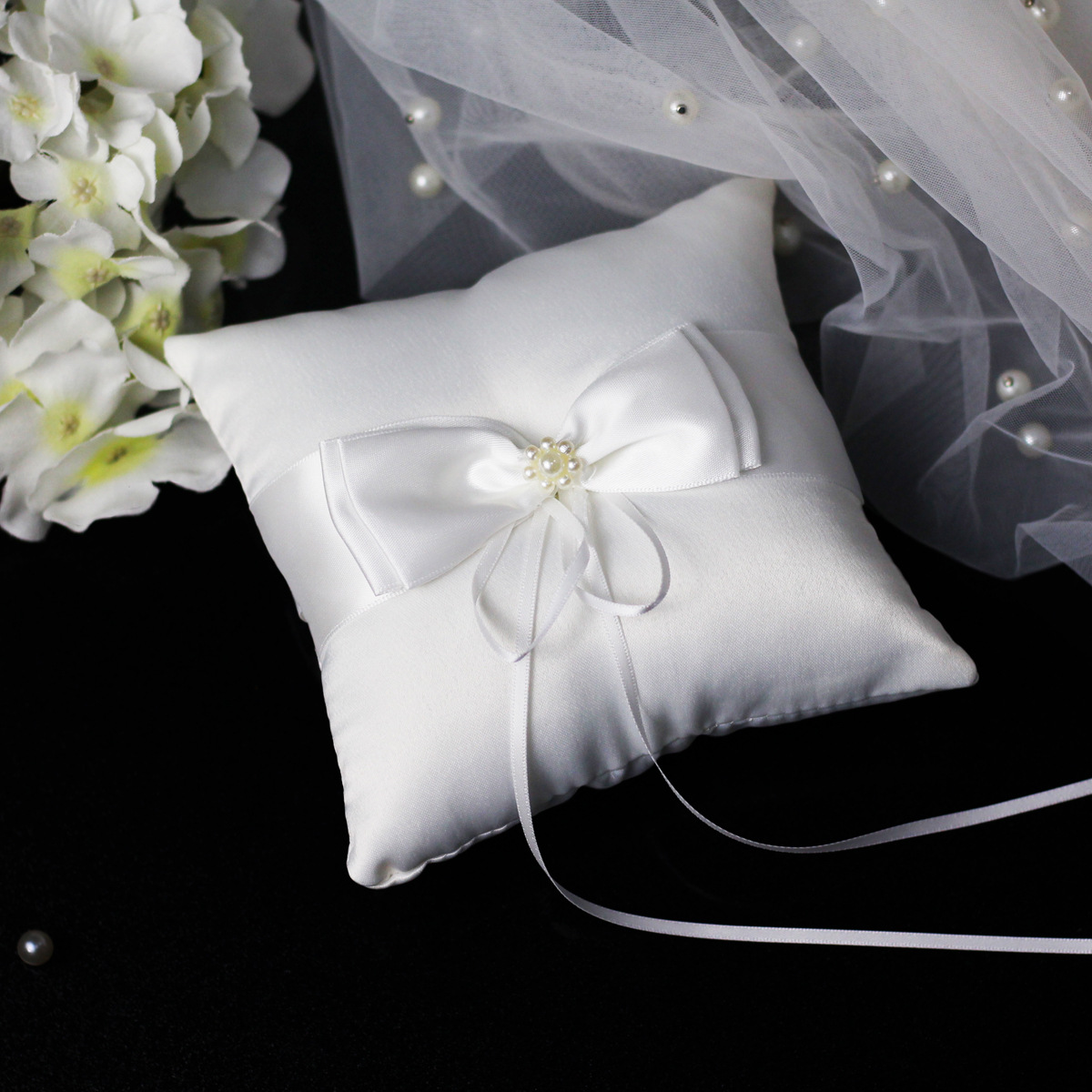 J04 Exquisite Double Flower Knot Beaded Bridal Ring Pillow, European Wedding Decor, Square Wedding Ring Stand