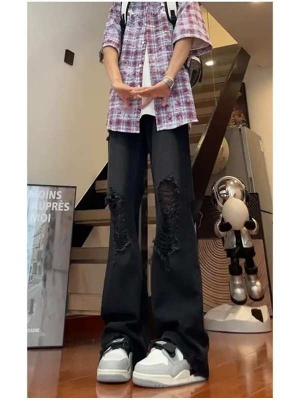 美式高街破洞牛仔裤男款春秋潮牌宽松直筒阔腿休闲百搭微喇长裤子|undefined