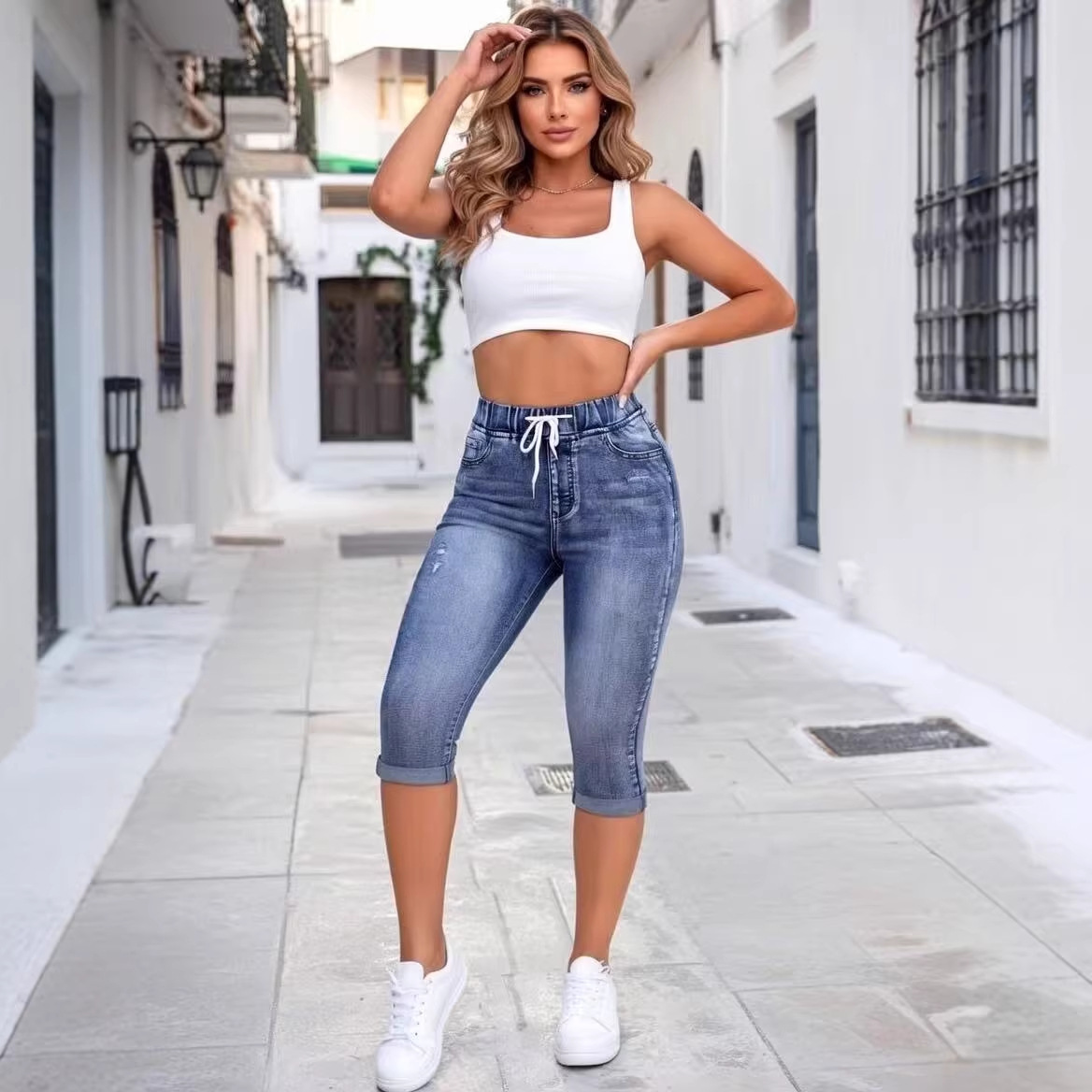 크로스보더 무역 여성용 청바지, 신축성 있는 허리끈, 하이웨이스트, 데미지 디테일, 여성용 고탄성 데님 핫팬츠, 활용도 높은 레이지 스타일