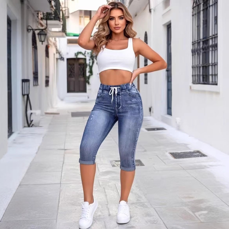 Cross-Border Foreign Trade Women's Jeans with Elastic Waistband, Drawstring, High Waist, Ripped Design, High Elasticity, Versatile, Casual Style