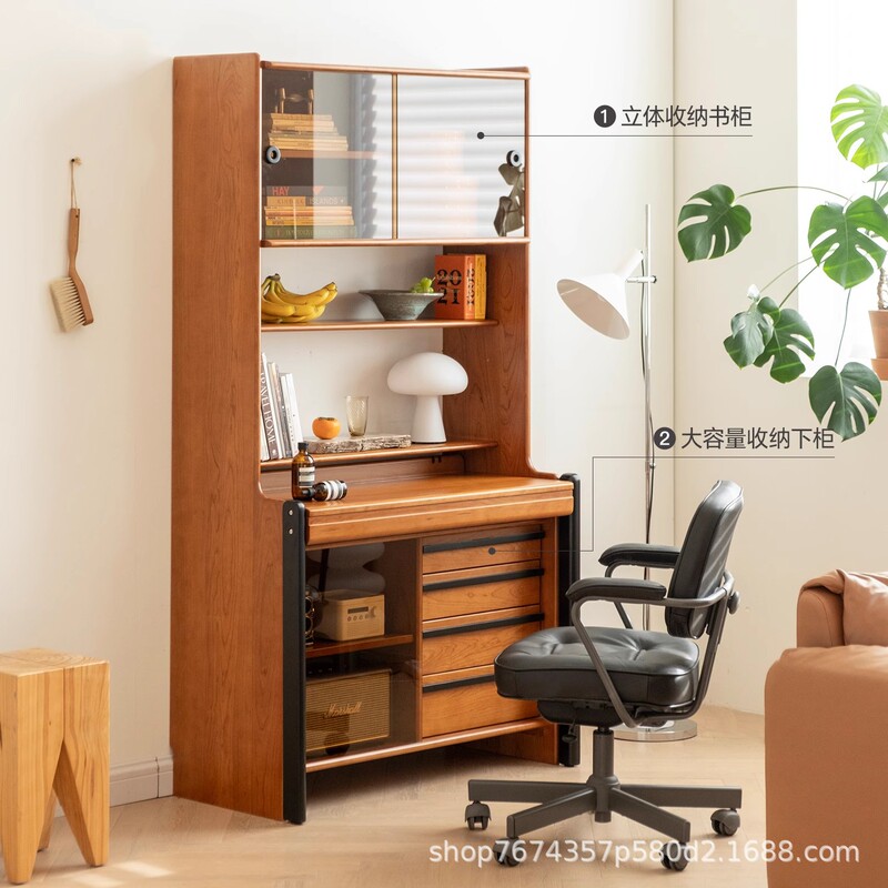 Nordic Folding Desk Bookcase Integrated Sideboard Solid Wood Bedroom Study Home Retractable Computer Desk Bookshelf