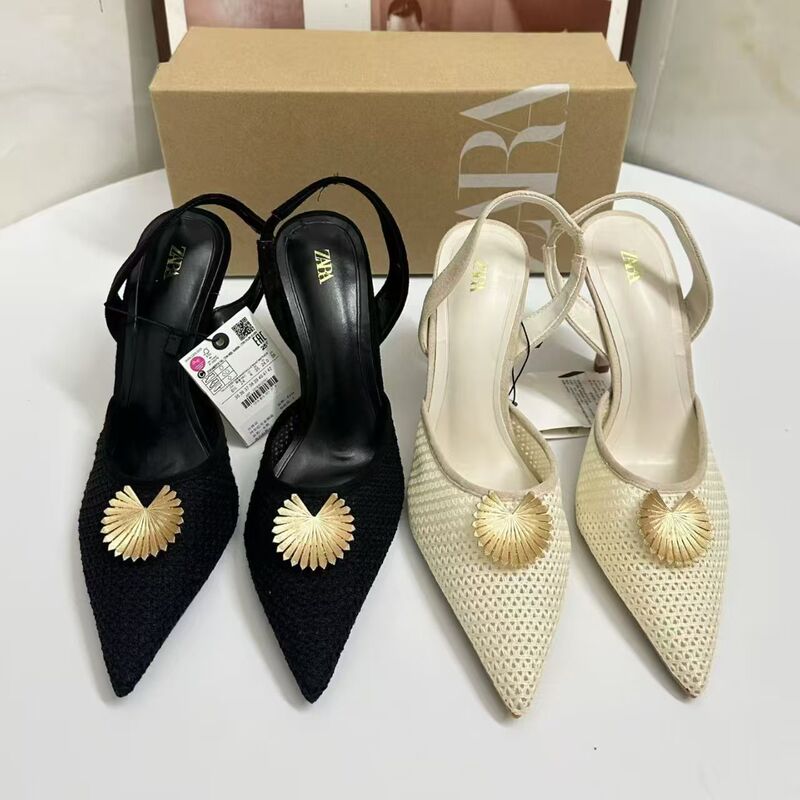 Za2025 New Style Shallow Pointed Toe Back Strap Single Shoes Gold Buckle Stiletto Sandals Fashionable Versatile Banquet Women's High Heels