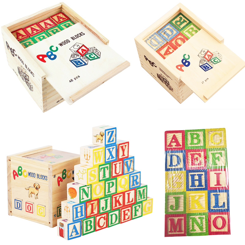 Wooden 26 English Letters 48 Grains 27 Grains 15 Grains of Imprinted Building Blocks Montessori Teaching Aids Color Stacking Puzzle Toys