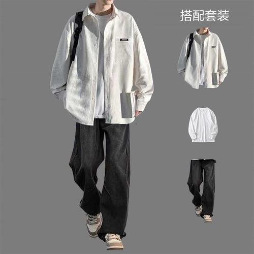 Casual Honeycomb Shirt Student Set Streetwear Long-Sleeve Top for Men High-End Style Set for Spring and Autumn Outerwear