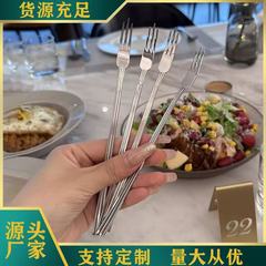 不锈钢叉子沙拉水果叉长柄点心叉创意锤纹二齿叉家用蛋糕叉甜品叉