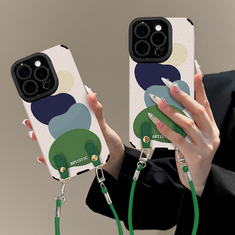 色块皮质挂绳适用苹果16promax手机壳iphone13瞳眼羊皮15硅胶防摔|undefined