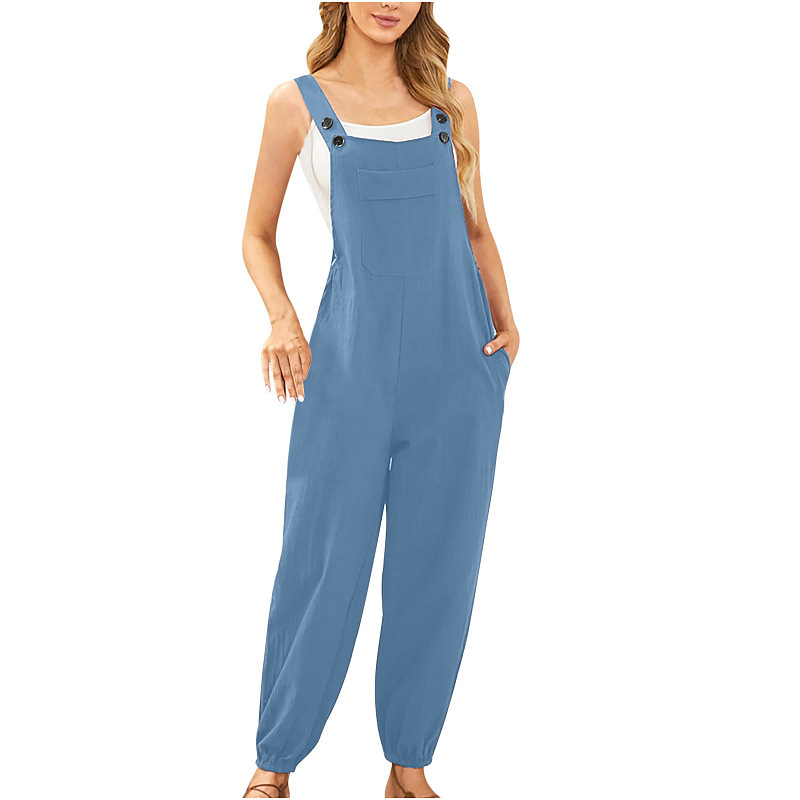 Nueva ropa de mujer transfronteriza europea y americana de algodón y lino mono bolsillo pantalones de la Liga Amazon casual pantalones lápiz