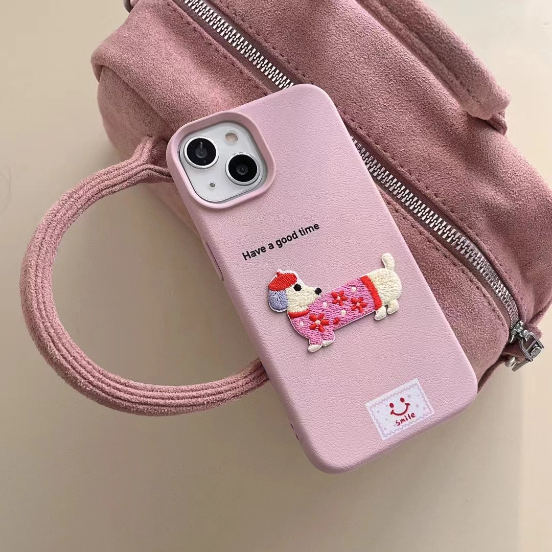 Perro salchicha bordado con patrón de cuero de nicho para iPhone15 funda para teléfono móvil 16ProMax Apple 14/13 pareja