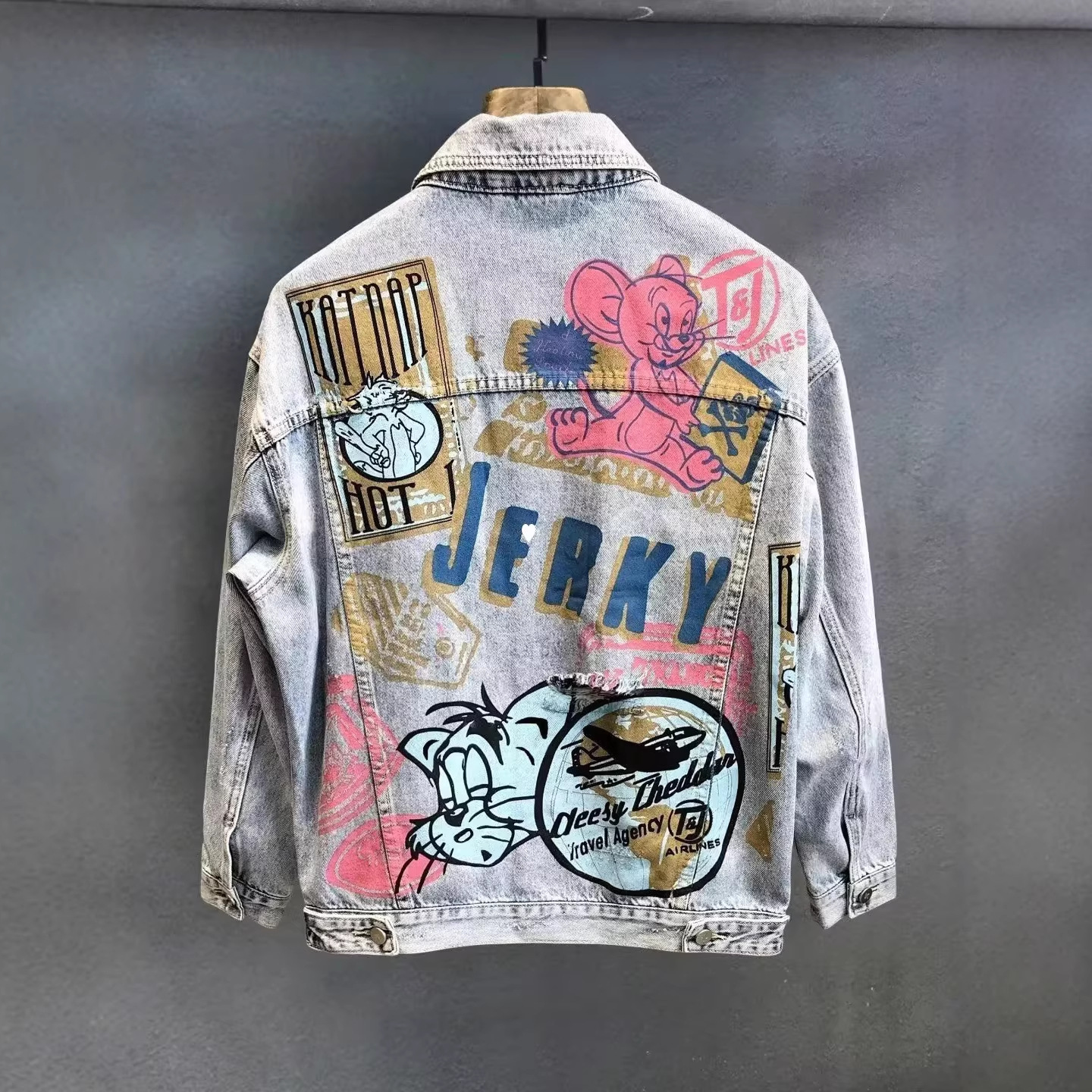 Vintage Denim Jacket for Men, Autumn New High Street Cartoon Cool Loose Trendy Turn-Down Collar Jacket