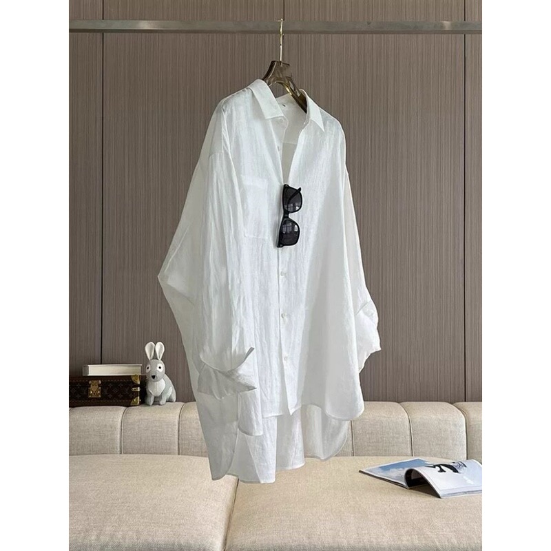 White Sun-Protective Shirt for Women, Summer Loose Casual Top, Lazy Style Thin Jacket, Linen Slightly Sheer Shirt