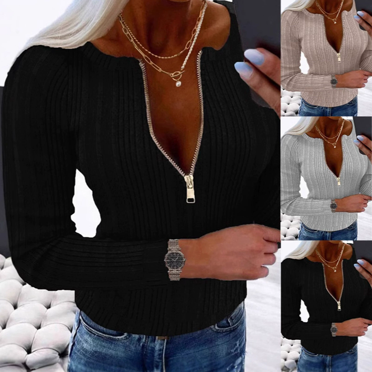 2024 Европейская и Американская внешняя торговля трансграничная wish независимая станция осень-зима новая женская молния с V-образным вырезом модная футболка с длинным рукавом топ