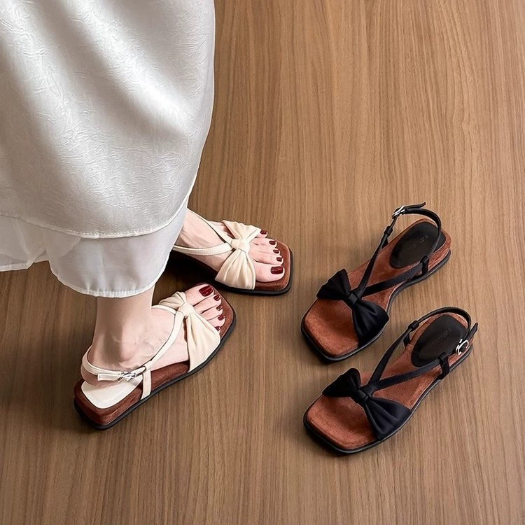 Sandals, footwear, suitable with a skirt platform with bow, universal retro shoes, french style