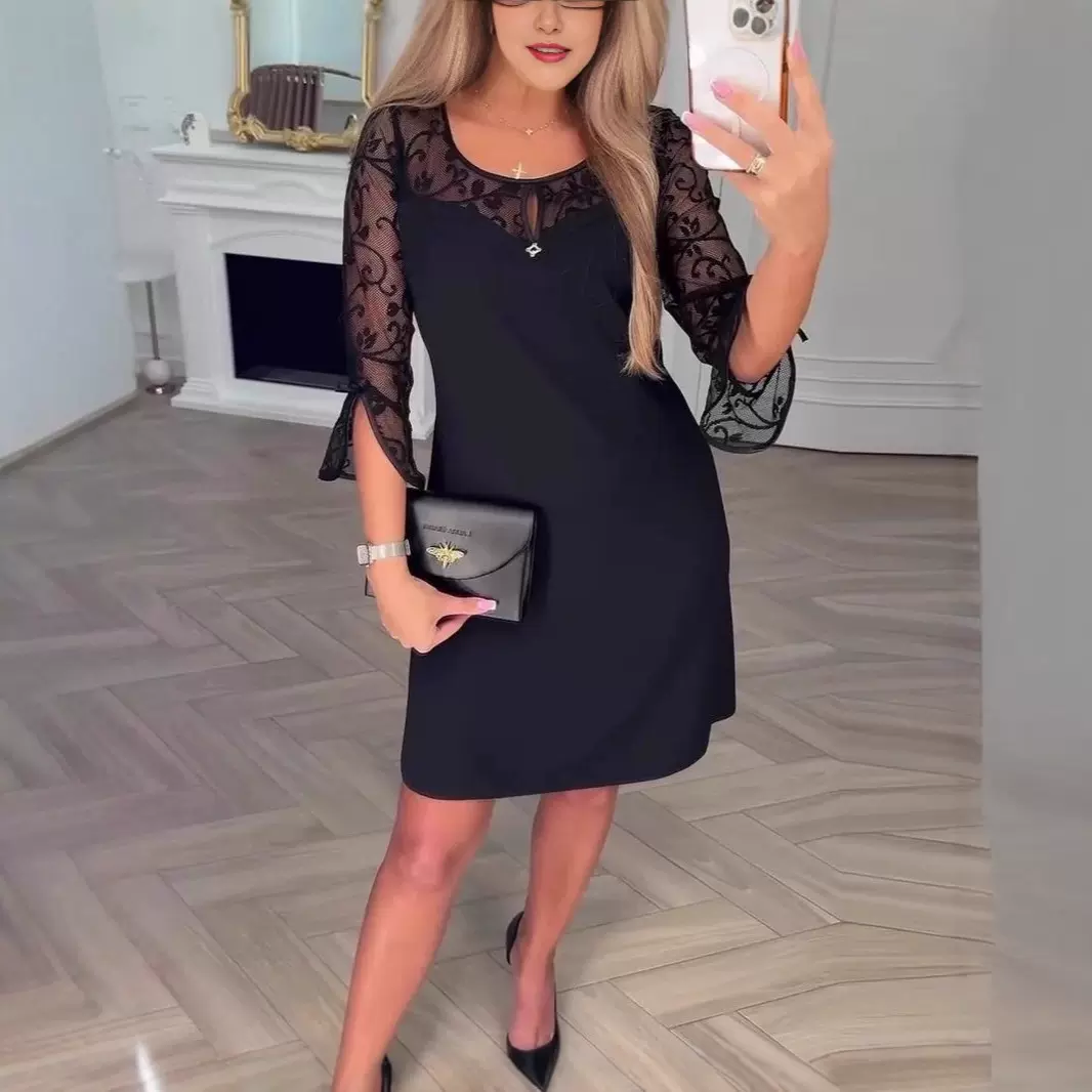 2025欧美跨境亚马逊独立站女装性感时尚蕾丝拼接长袖显瘦连衣裙