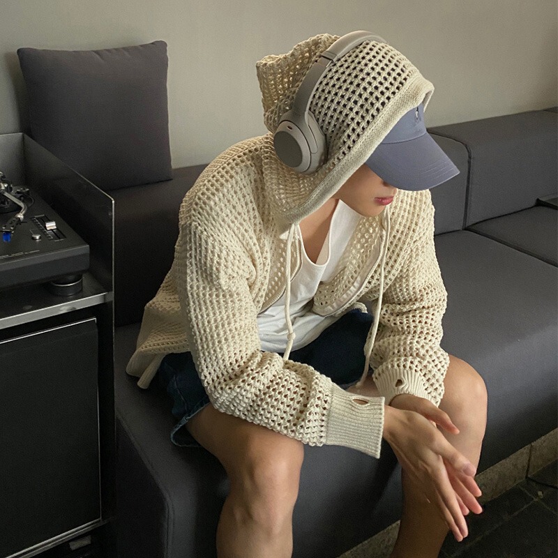 High-end Cardigan Sweater Men's Ins High Street Hooded Hollow Knitted Sweater Summer Thin Sunscreen Couple Coat