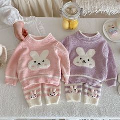 婴儿秋冬新款睡衣女宝宝可爱兔子半边绒上衣裤子套装家居服两件套