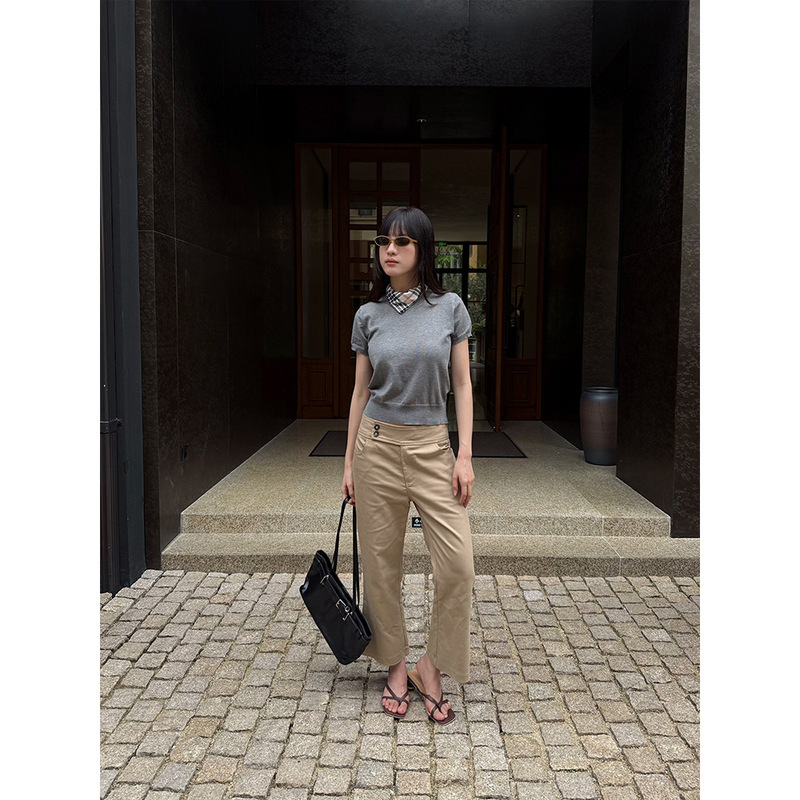 Yuyi Summer New Style Intellectual Mature Style Light Khaki Slimming High-Waisted Slightly Flared Cropped Pants for Women Zd8200