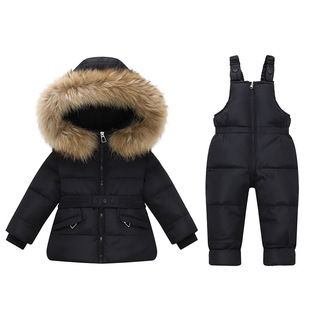 Winter European and American Kidsren's down Jacket Suit Overalls Thickeneded Male and Female Baby 1-5 Years Old Suspender Suit Two-Piece Set