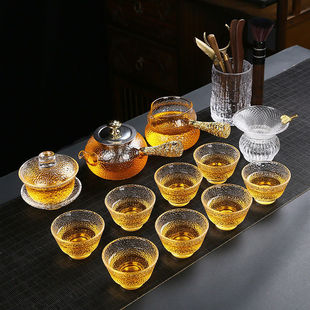 Hammered Glass Kung Fu Tea Set Household Tray Heat-Resistant Side Handle Teapot Lid Bowl Tea Cup Bubble Black Tea Flower Tea Factory