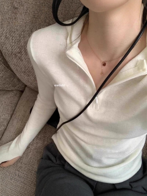 韩系温柔半拉链连帽针织衫女秋冬内搭慵懒修身打底毛衣设计感上衣|undefined