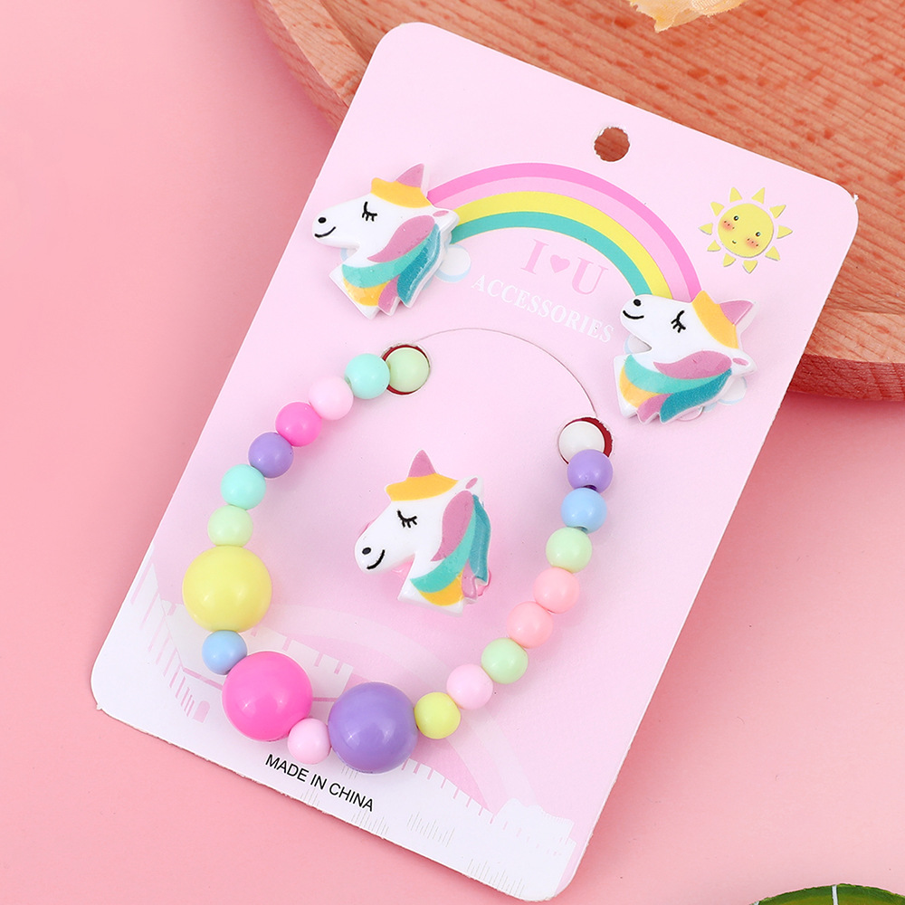 Unicorn Acrylic Handmade Beaded Earrings Ring Bracelet Three-Piece Set