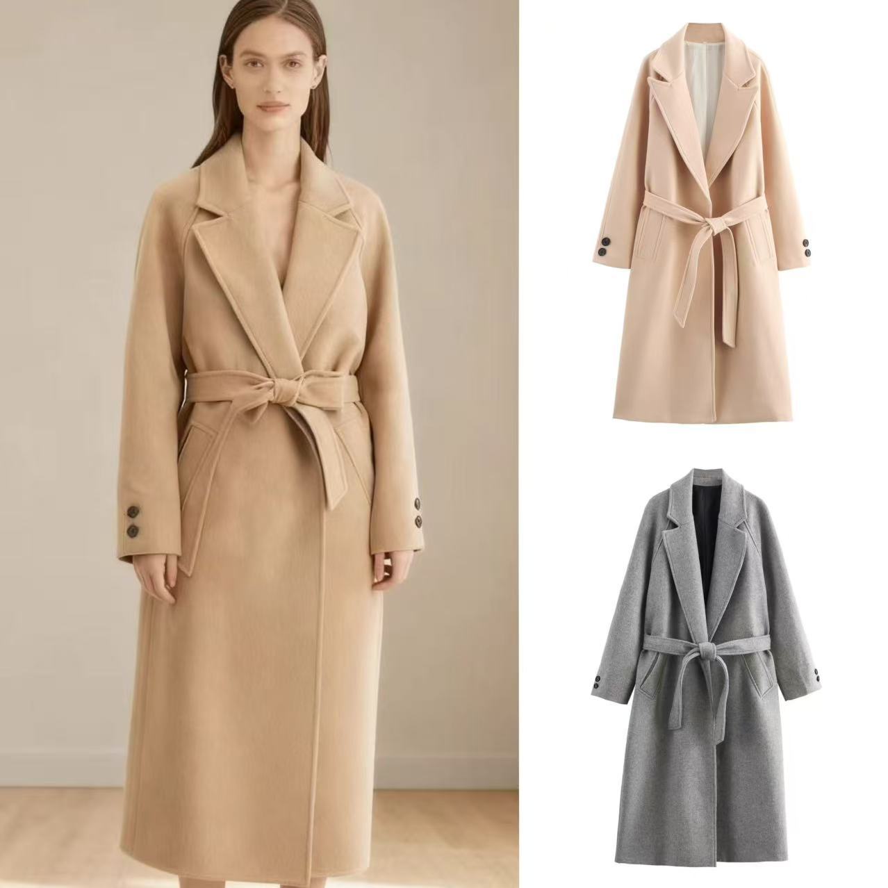 ZA速卖通爆款跨境欧美风女装气质时尚配腰带长款毛呢大衣