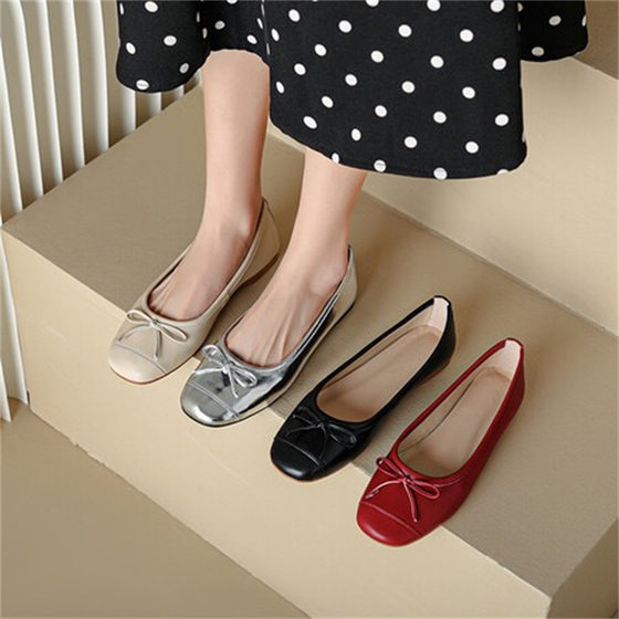 Bow Sheepskin Red Shoes New All-match Square Soft Bottom Red Flat Women's Shoes Genuine Leather Shallow Low Heel Single-layer Shoes