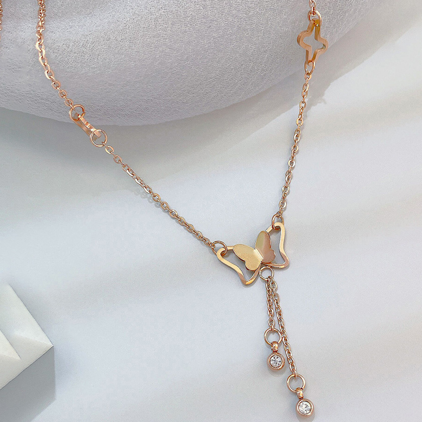 Wenjian estilo coreano elegante mariposa hueca con diamantes incrustados chica estudiante tobillera mujer Net rojo Mori estilo TikTok Pie de oro rosa