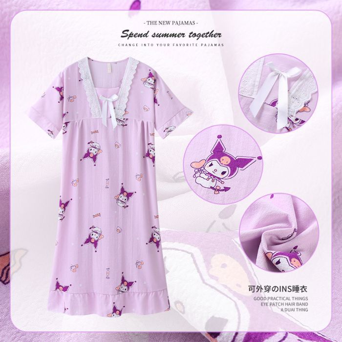 Camisón de manga corta de algodón de burbuja de verano al por mayor transfronterizo de dibujos animados dulce y lindo servicio a domicilio para niñas pijamas sueltos casuales
