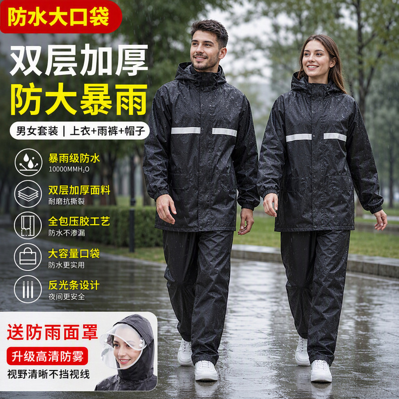 Raincoat and Rain Pants Set, Full-Body, Unisex, for Cycling, Double-Layer, Reflective, for Electric Vehicles, Outdoor Work, Wholesale, Protective, Wear-Resistant