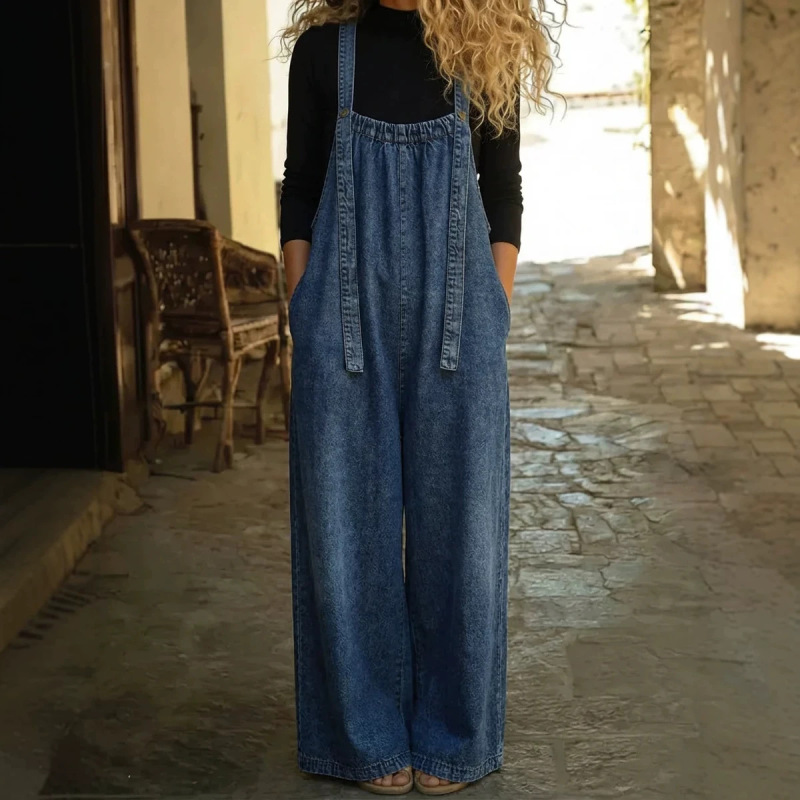 2026 Cross-Border European and American Fashion Retro Distressed Loose-Fitting Women's Casual Faux Denim Jumpsuit
